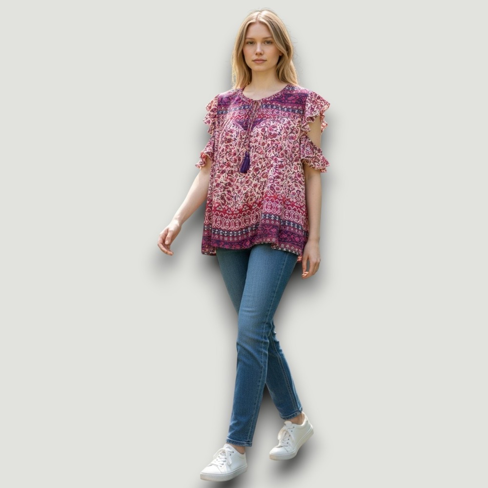 Lucky Brand Womens Blouse Top 2x Pink Floral Flutter Sleeve Peasant Indie Boho
